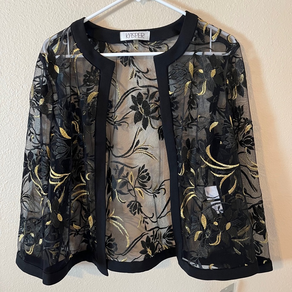 Kasper Black and Gold Embroidered Sheer Floral Jacket NWT Size 12